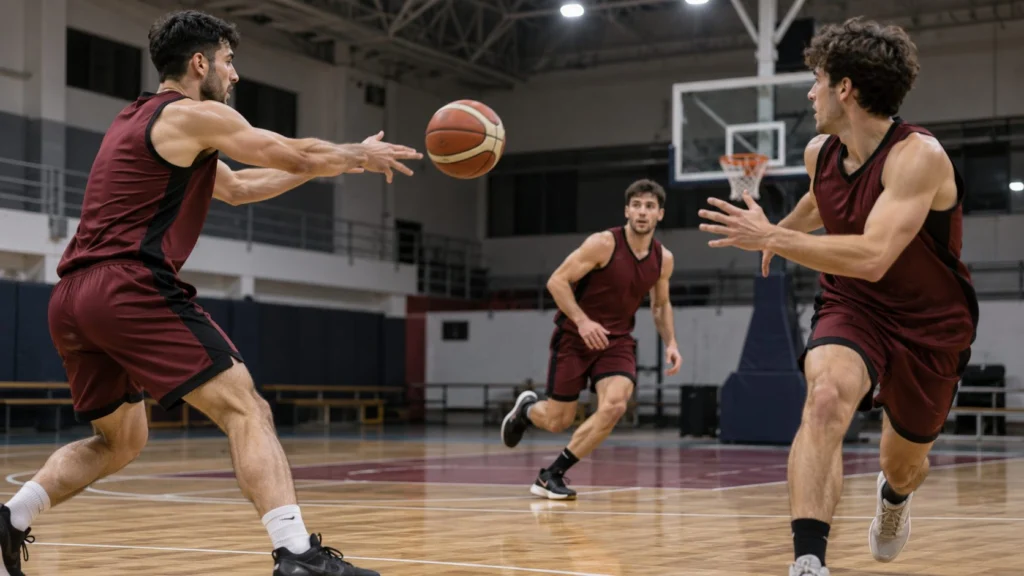 Tres jugadores ficticios de básquet con ropa bordó y negra practican un pase en una cancha cubierta