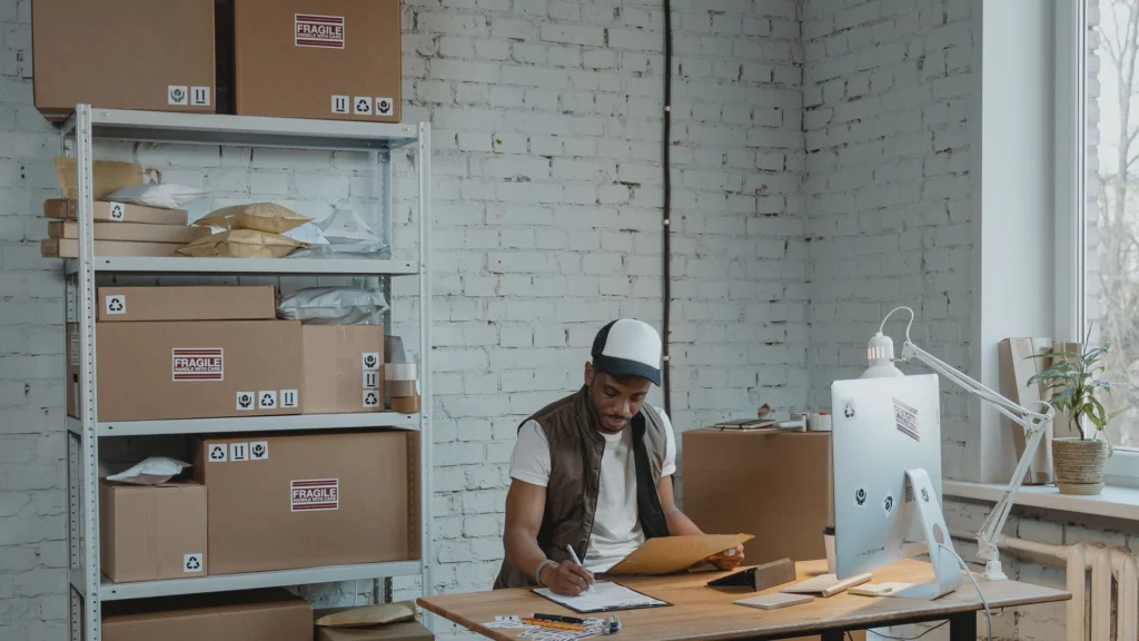 Un hombre revisa documentación y un paquete en un depósito con cajas y estanterías. Fotografía ilustrativa de banco.