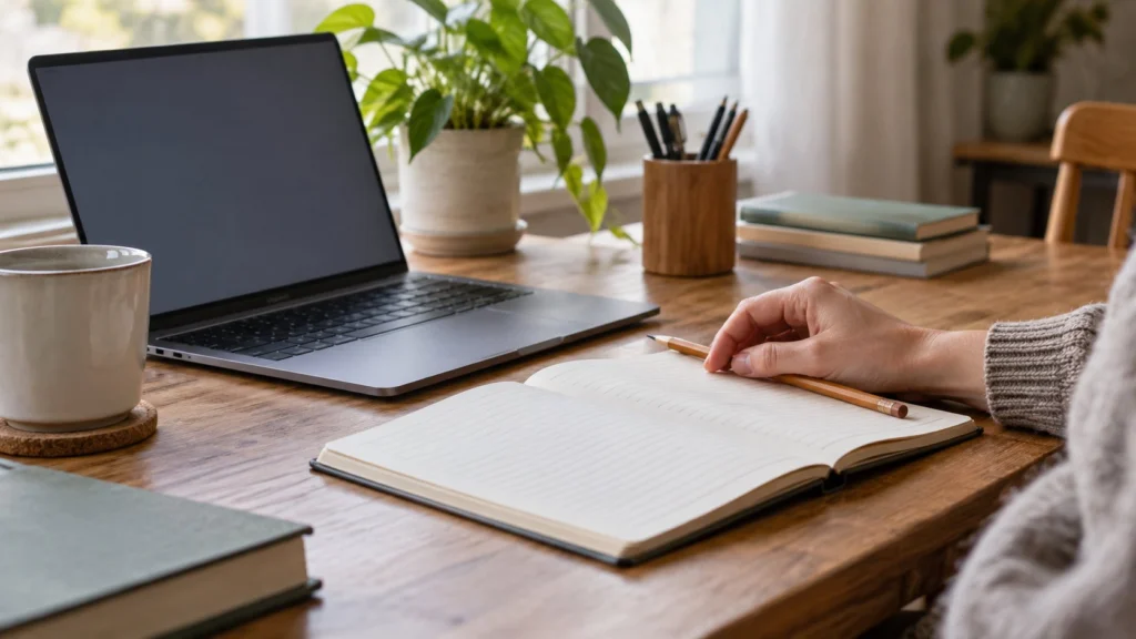 Una mano adulta junto a un cuaderno y una computadora portátil sobre una mesa.
