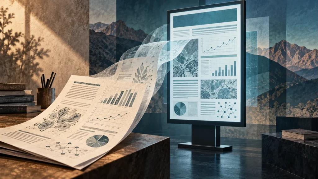 Ilustración editorial de una hoja de investigación con gráficos conectada a un e-póster digital, con montañas al fondo.
