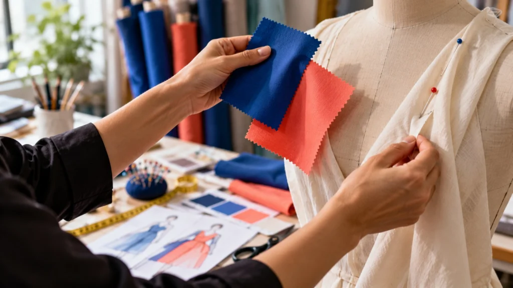 Manos comparan muestras textiles azul y coral junto a una prenda sobre un maniquí