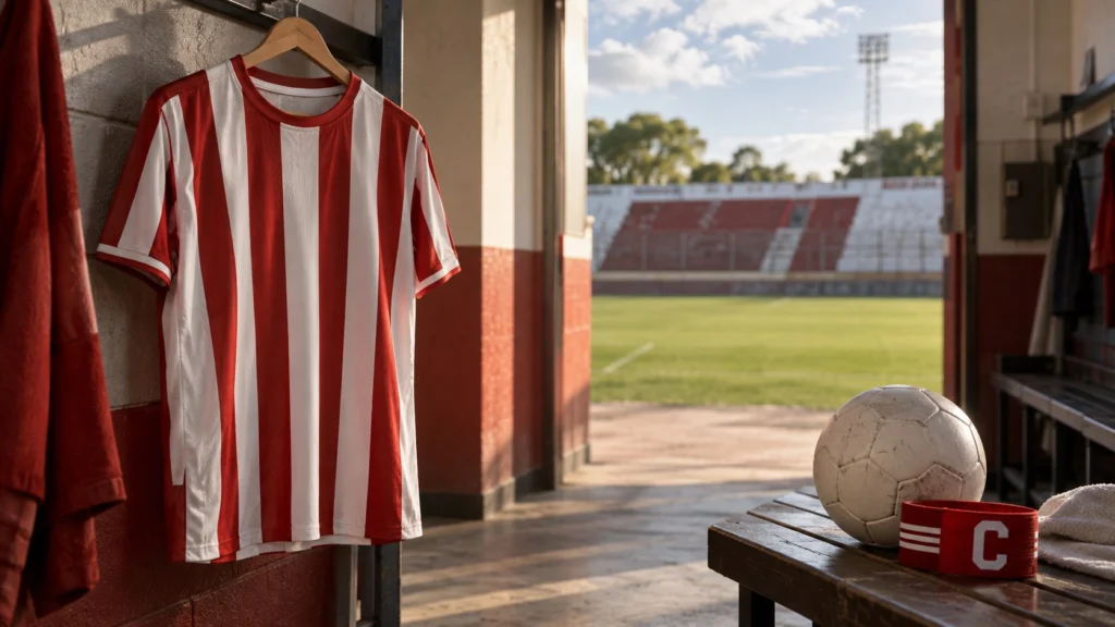 Camiseta roja y blanca a rayas verticales en un vestuario, junto a una pelota y un brazalete de capitán.