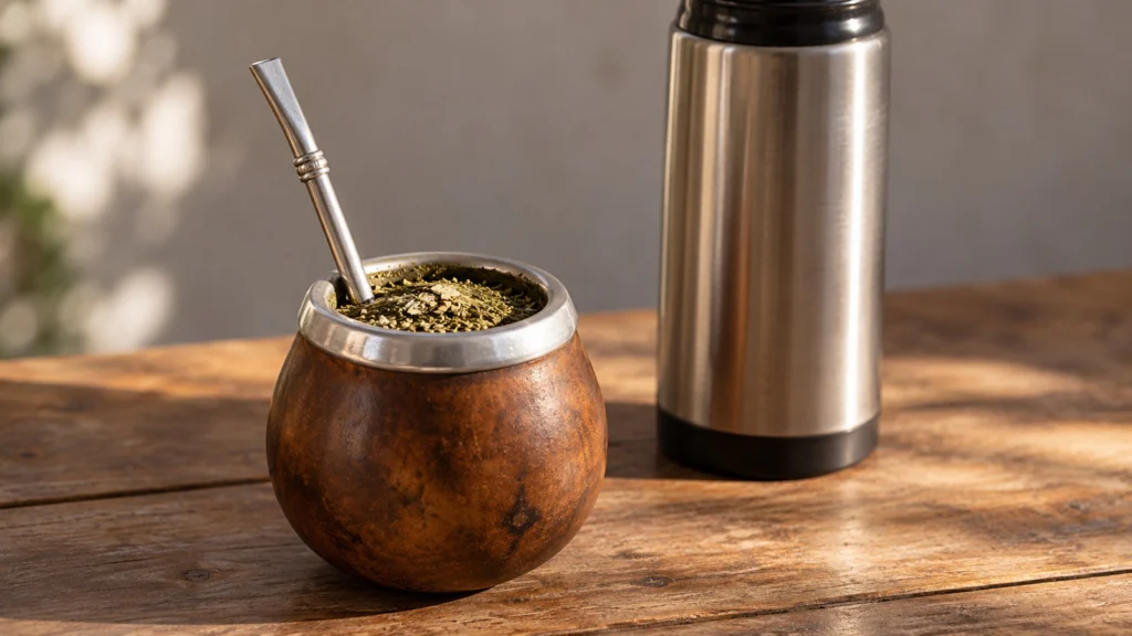 Mate con yerba y bombilla junto a un termo sobre una mesa de madera.