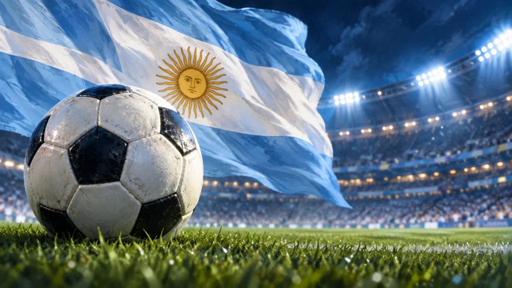 Ilustración de una pelota sobre césped con una bandera argentina y un estadio iluminado al fondo.