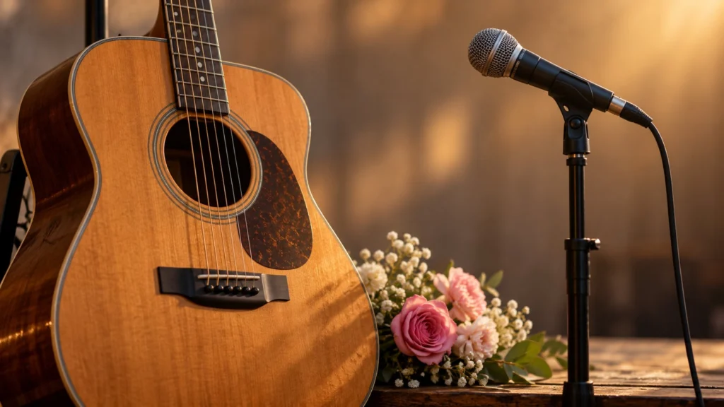 Guitarra acústica junto a un micrófono y flores sobre una superficie de madera.