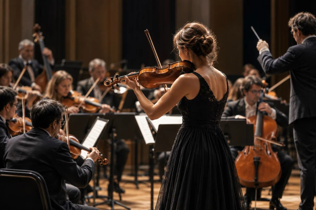 Una violinista toca junto a músicos de una orquesta en un escenario ficticio