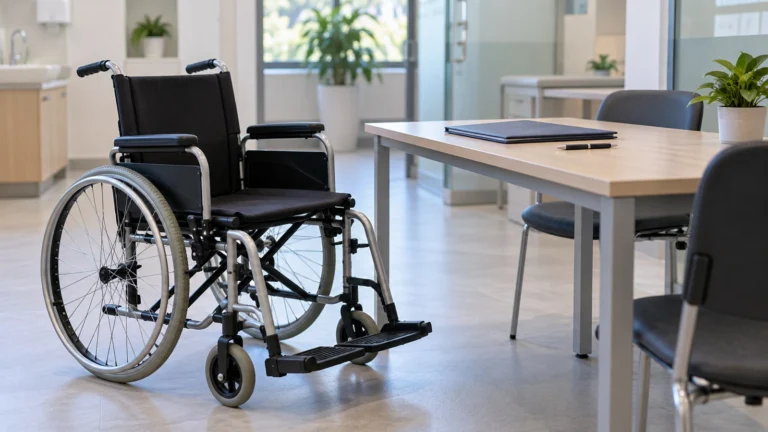 Silla de ruedas vacía junto a una mesa de orientación en un espacio de salud.