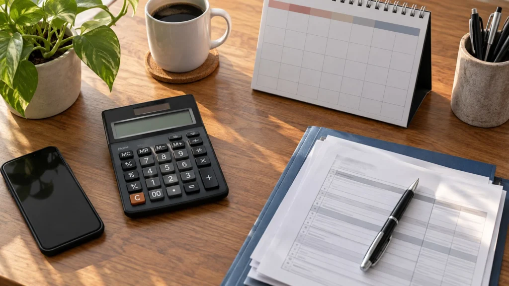 Calculadora, calendario sin cifras legibles, carpeta y teléfono sobre un escritorio.