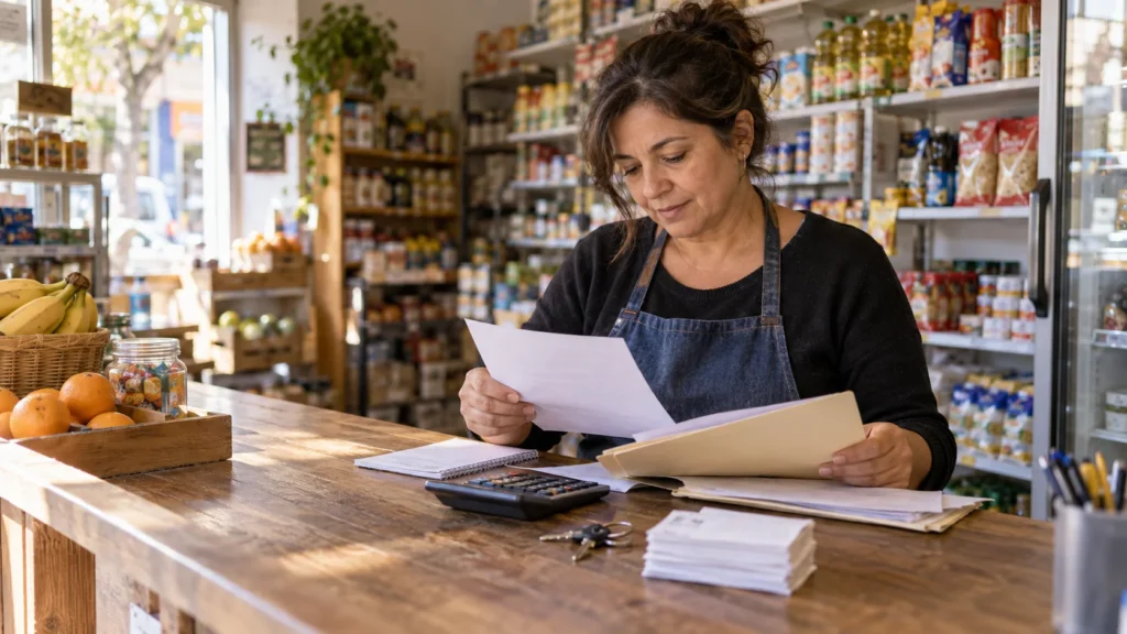 Comerciante revisando documentos junto a una calculadora en el mostrador de un almacén.