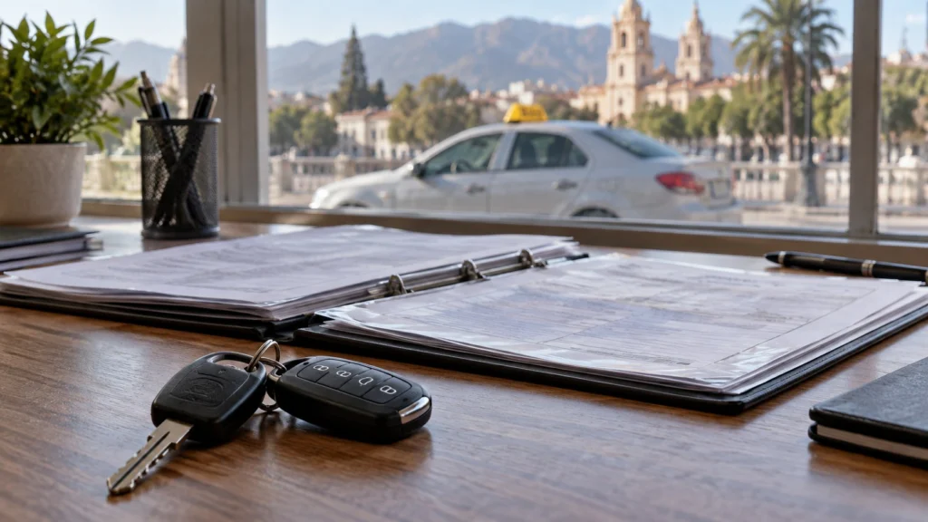 Llaves de un automóvil sobre una carpeta de documentos, con un vehículo al fondo.