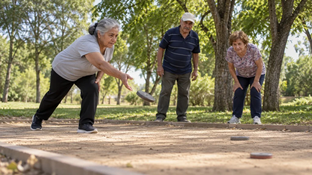 Recreación de tres personas mayores jugando al tejo en un espacio arbolado.