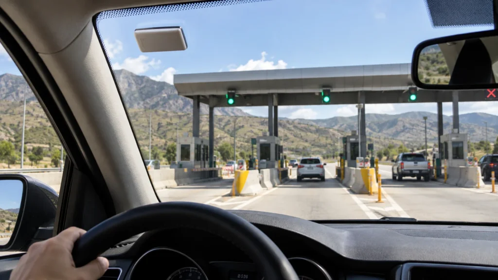 Dispositivo electrónico en el parabrisas de un auto frente a una estación de peaje.