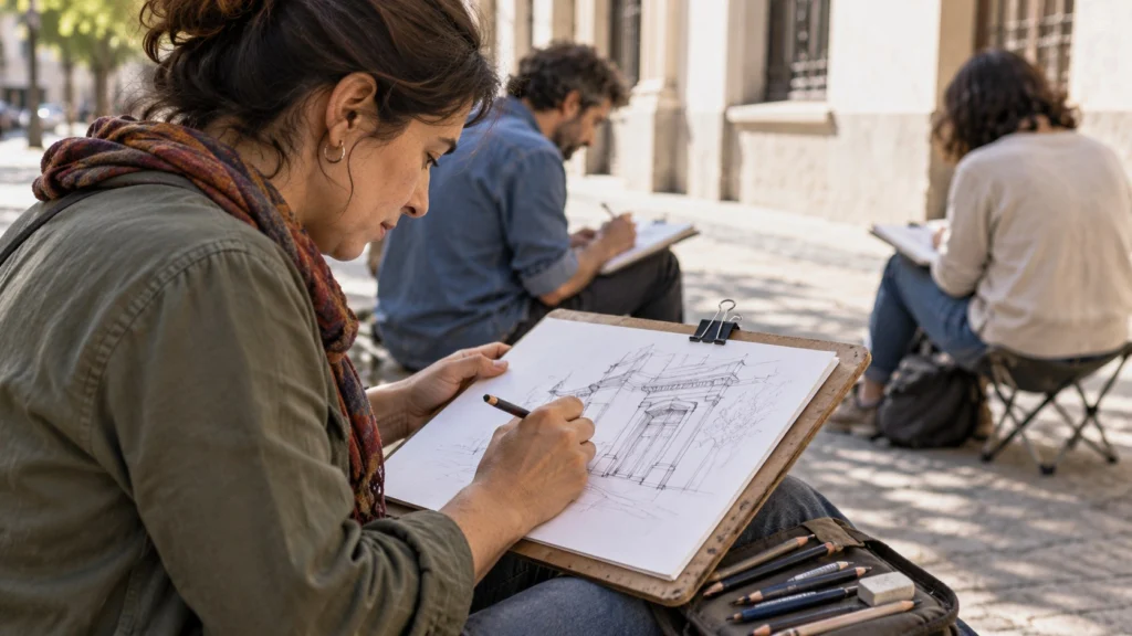 Recreación generada con IA de personas ficticias dibujando croquis de una fachada al aire libre.
