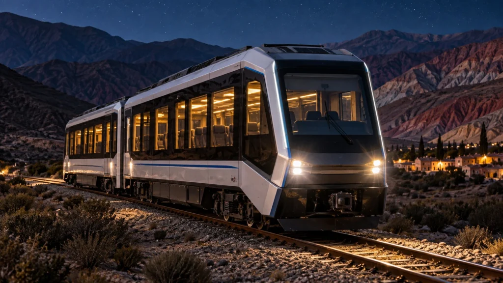 Tren turístico moderno iluminado de noche sobre vías, con montañas de la Quebrada de Humahuaca al fondo.