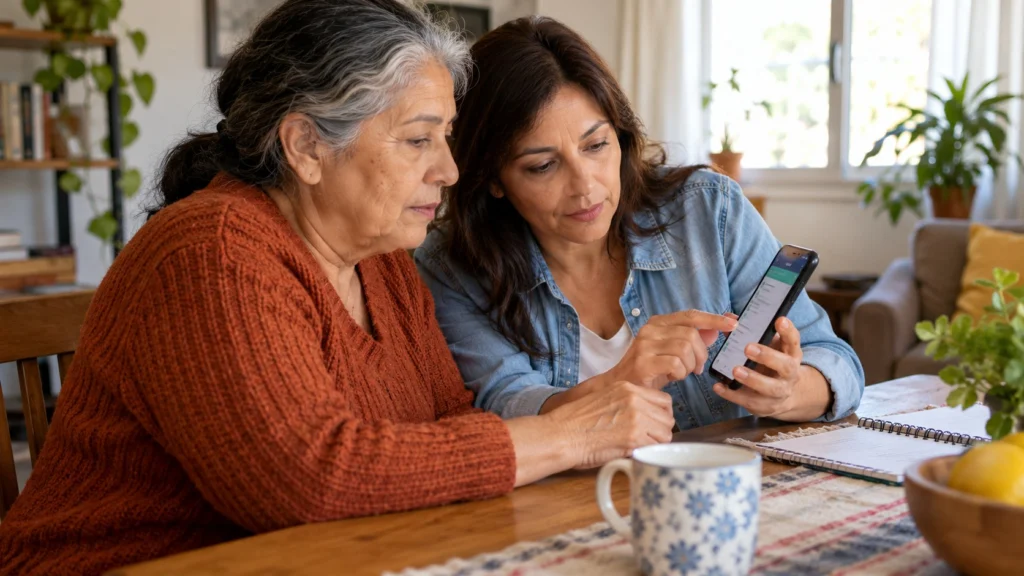 Dos mujeres ficticias consultan un celular juntas en una mesa doméstica.