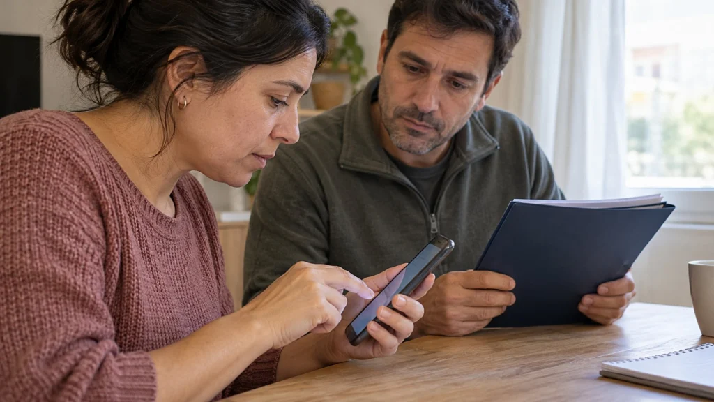 Una mujer usa un teléfono móvil junto a un hombre que sostiene una carpeta