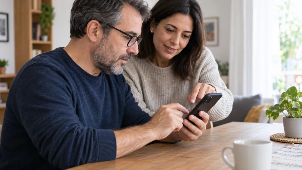 Dos personas adultas consultan un teléfono desde su hogar
