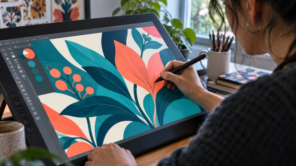 Una persona dibuja hojas de colores con un lápiz digital sobre una pantalla gráfica