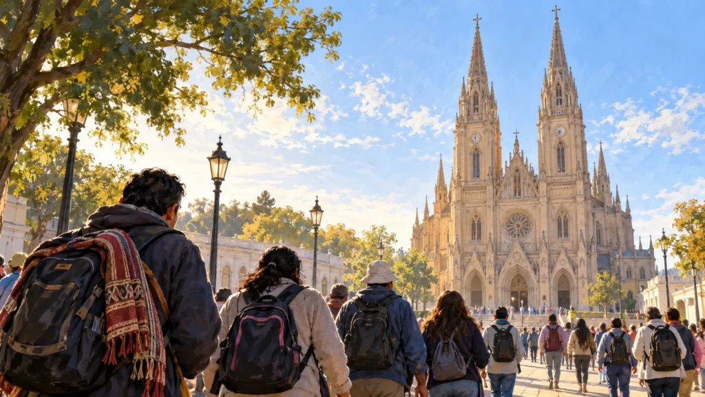 Ilustración editorial de peregrinos caminando hacia la Basílica de Luján.