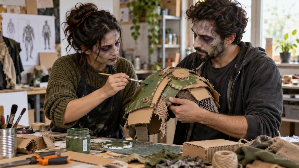 Dos personas con maquillaje teatral pintan una pieza de disfraz hecha con cartón reutilizado.