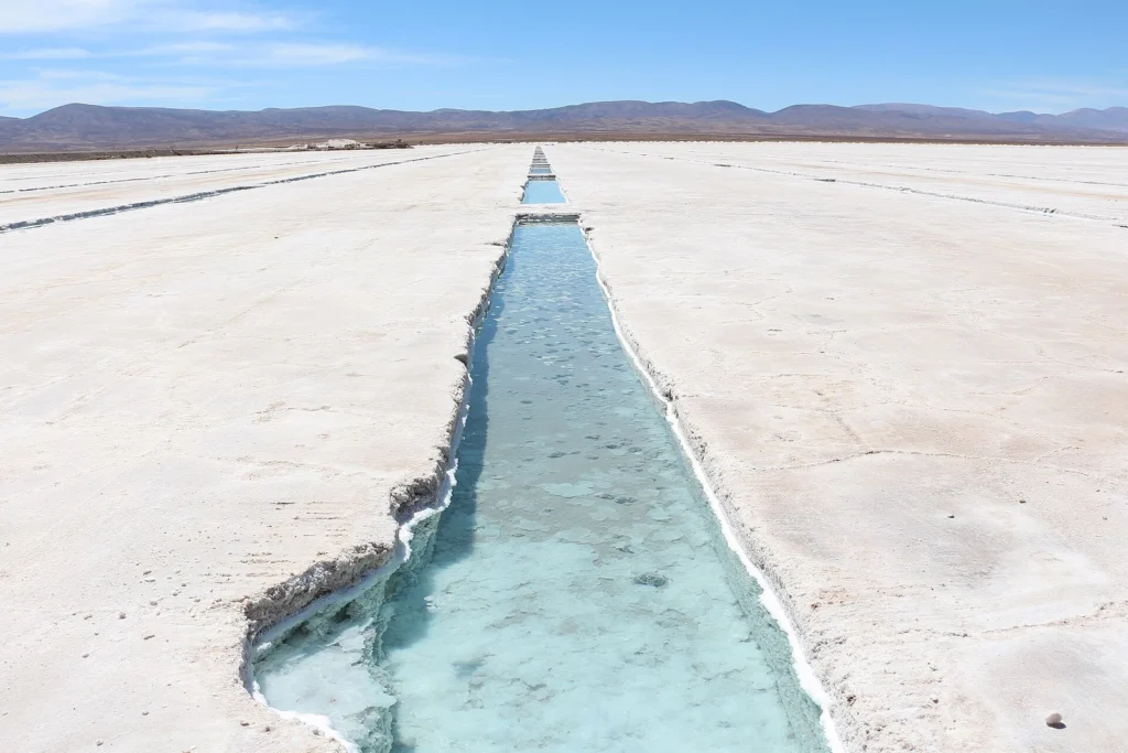 Canal de agua turquesa entre superficies blancas de las Salinas Grandes de Jujuy y Salta. Fotografía de archivo.