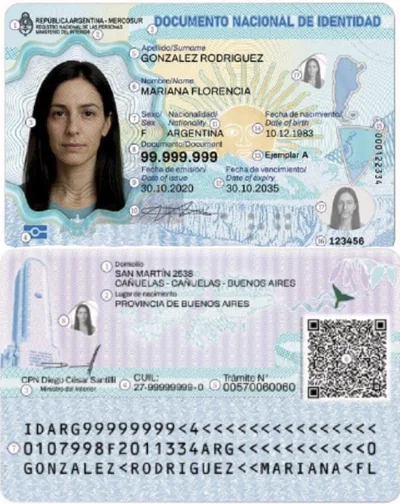 Ejemplo de DNI argentino con datos de muestra. Imagen de referencia; no es documentación de una persona solicitante.