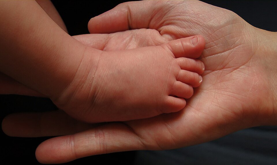 Pie de un bebé sostenido por una mano adulta. Fotografía ilustrativa de nacimiento y familia; no identifica una oficina del Registro Civil.